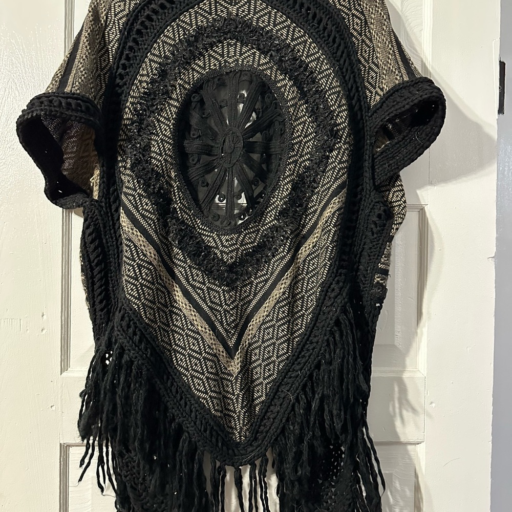 Black and Beige Crochet Poncho
